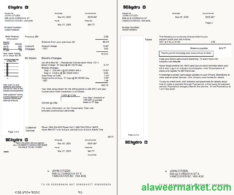 Canada Chydro utility bill template in Word and PDF formtas, 2 pages